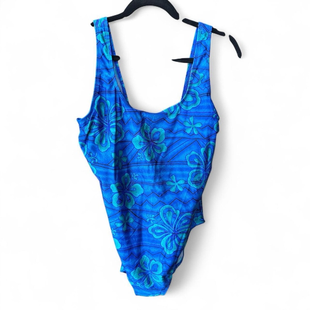 Vintage Blue Hawaii Style Floral  One Piece Swimsuit